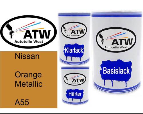 Nissan, Orange Metallic, A55: 500ml Lackdose + 500ml Klarlack + 250ml Härter - Set, von ATW Autoteile West.